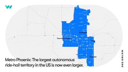 Animation showing expansion of Waymo's Metro Phoenix map; test reads: "Metro Phoenix: The largest autonomous ride-hail territory in the US is now even larger."