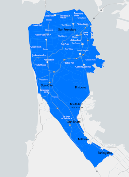 SF Territory Map covering all of San Francisco, Daly City, and Down to Burlingame.