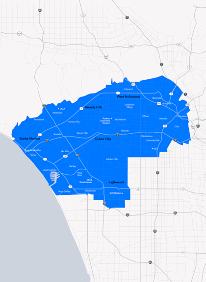 Waymo One LA territory covering Santa Monica to Downtown, and down to Irvine.