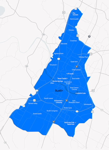 Map of Waymo service area in Austin